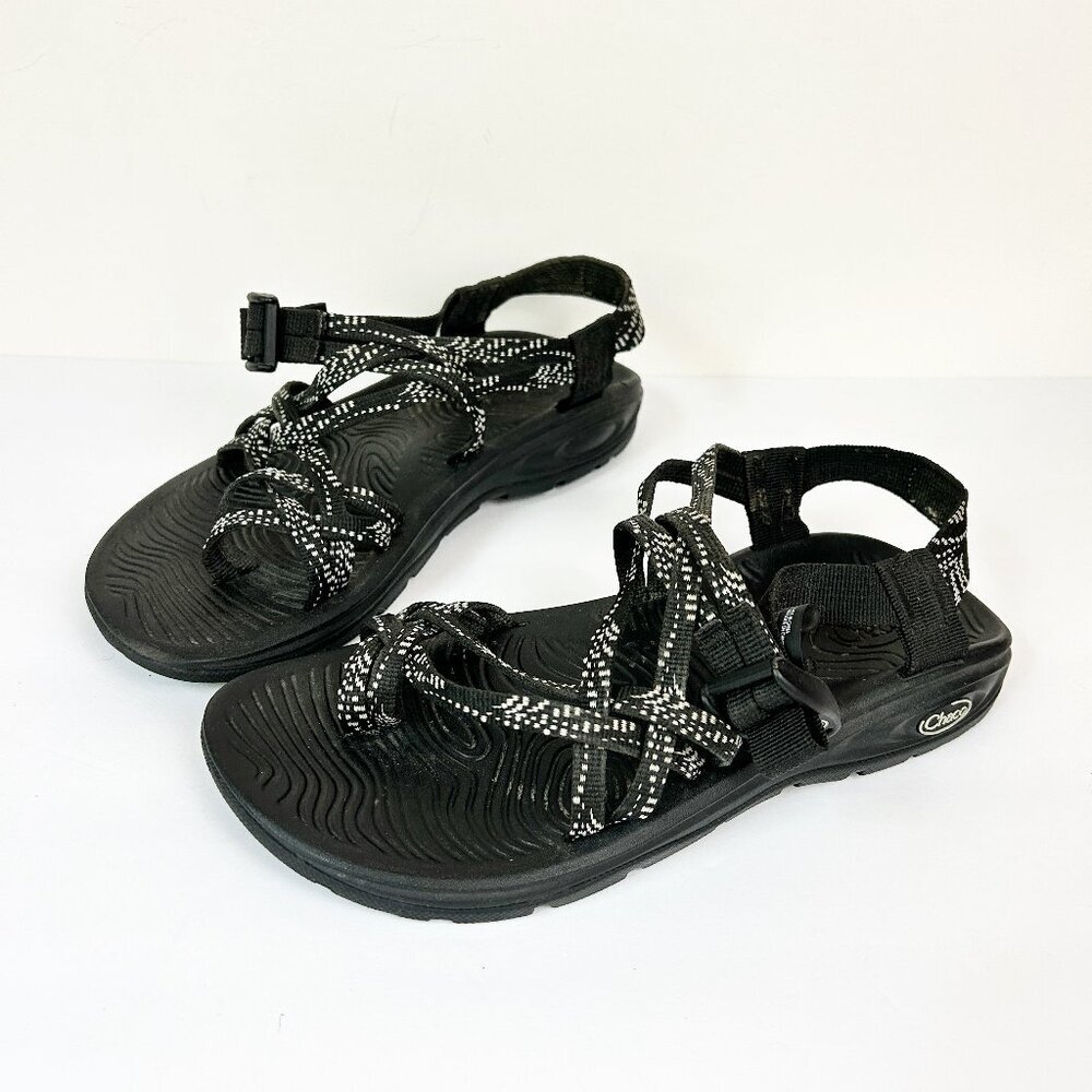 Chaco Black Sandals with White-Patterned Straps